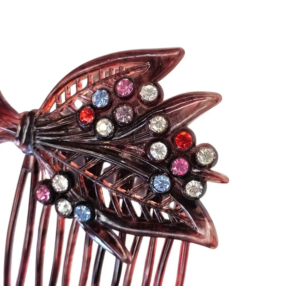 Vintage Tortoiseshell Hair Comb Brooch Jewels Rhinestones Austria Bouquet Leaves